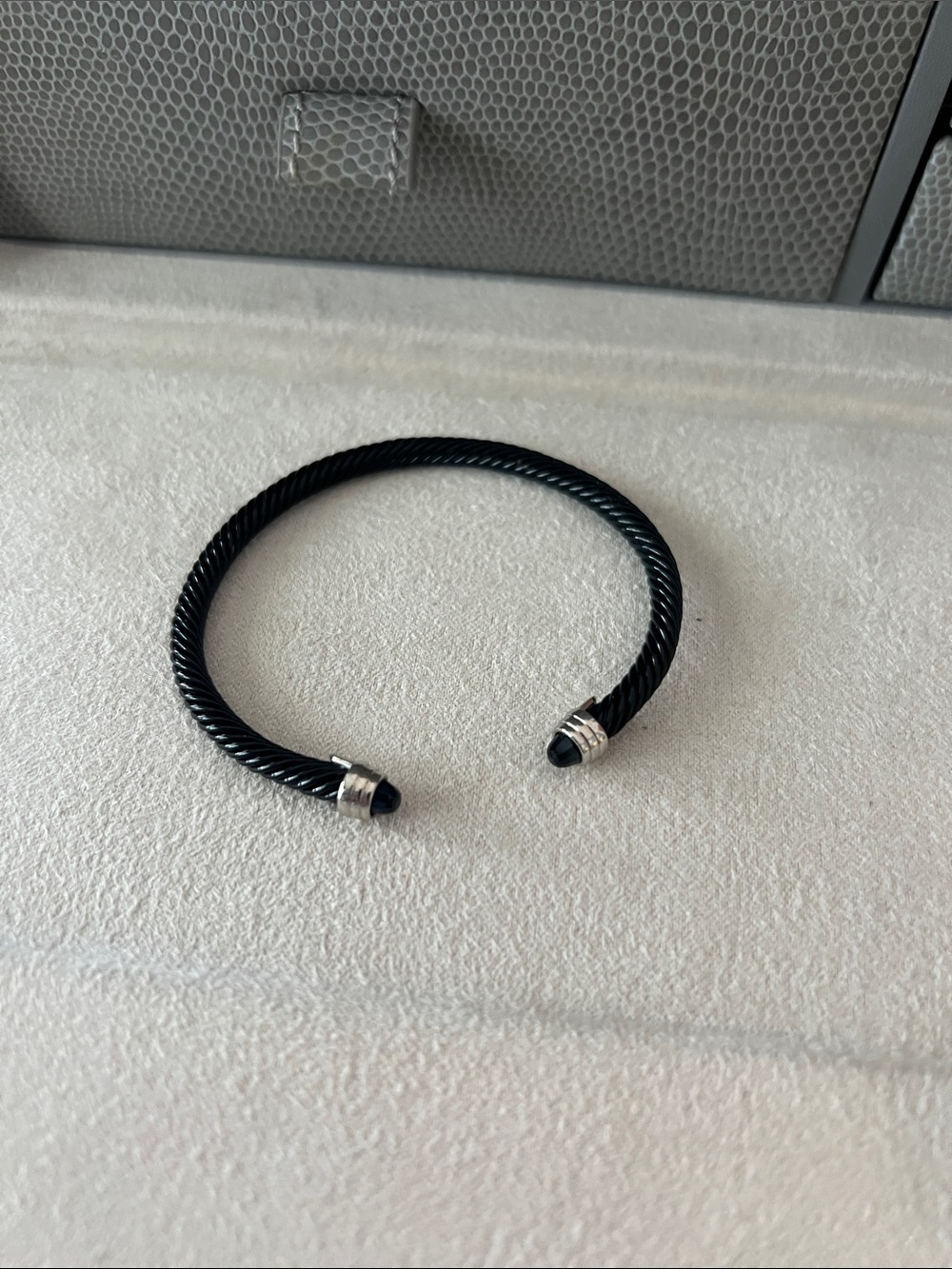 Women’s Black Twisted Cable Cuff Bracelet with Silver-Tone End Caps